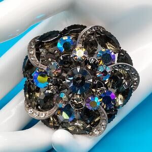 Vintage AB Black Diamond Rhinestone Flower Brooch Silver Tone 2 Inch